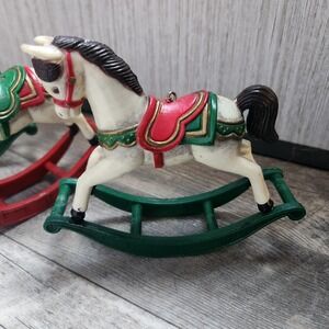 Vtg Plastic Red Green Saddle Rocking Horses Christmas‎ Ornaments Set Of 3
